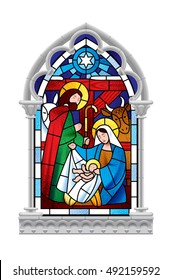 Stained glass window depicting Christmas scene in gray gothic frame isolated on white background. Artistic Xmas symbol. Vector illustration