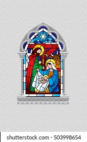 Stained glass window depicting Christmas scene in gray gothic frame isolated on white decorative ornamental background. Artistic Xmas symbol and greeting card. Vector illustration