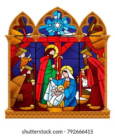 Stained glass window depicting Christmas scene in gothic frame isolated on white background. Vector illustration