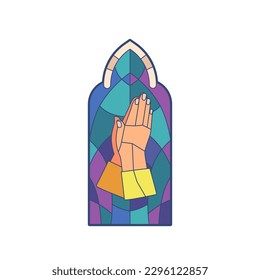 Stained Glass Window Depicts Prayer Hands In Colorful Mosaic, Radiating An Aura Of Devotion And Serenity