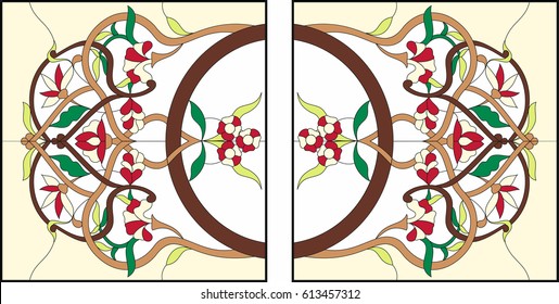 Stained glass window design at the ceiling with abstract swirls and leaves. Square ornament colorfull floral symmetric composition. Classica tiffany style. Vector illustrations. 