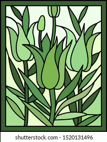 Stained glass window, doors. Vector image. Lily. Abstract image. Decor green. Interior.