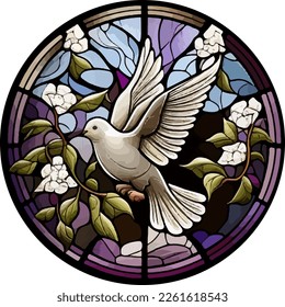 Stained glass window of dove on tree branch, floral stained glass, round 