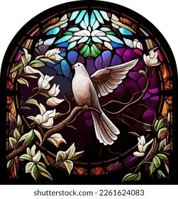 Stained glass window of dove on tree branch, floral stained glass, arched