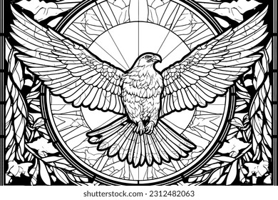  Stained glass window of an eagle line art vector. black and white vector.