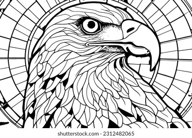  Stained glass window of an eagle line art vector. black and white vector.