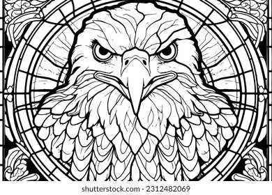  Stained glass window of an eagle line art vector. black and white vector.