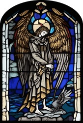 Stained Glass Window Of Fallen Angel, Lucifer, Standing By The Sea
