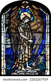 Stained glass window of fallen angel, Lucifer, standing by the sea