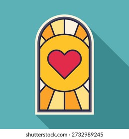 Stained glass window featuring a red heart on a yellow background, representing faith and romance