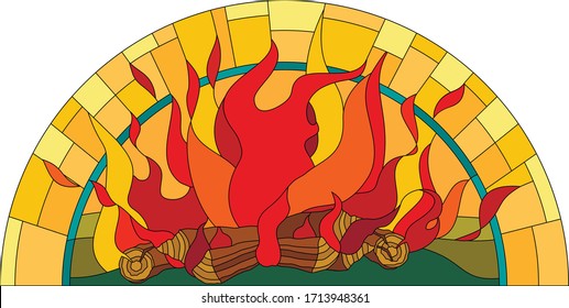 the stained glass window with fire