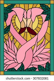 Stained glass window with a flamingo for your design, vector.  Love and poultry