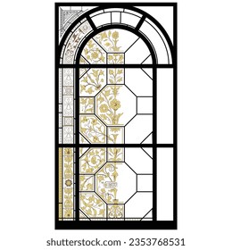 A stained glass window with a floral design