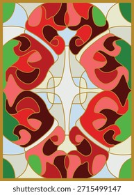 Composición de flores de vidriera con remolinos y hojas verdes sobre fondo claro. Abstractas corona de rosas rojas. Marco de mosaico rectangular. Ilustración vectorial