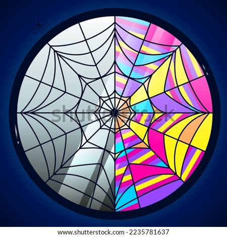 Stained glass window in the form of a web with divided halves. The concept of good and evil. Gray and multi-colored window with rainbow mosaic. Stock vector illustration with mystical mood.