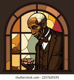 Stained glass window of George Washington Carver (1864-1943) holding peanut butter cookies.