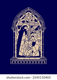 Stained glass window in a Gothic frame with a scene of the Nativity in a linear style on a dark blue background. Vector illustration