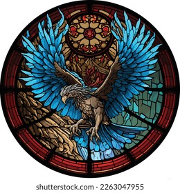 Stained glass window of a hawk with blue wings