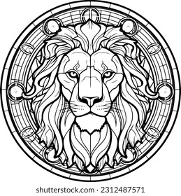 Stained glass window of a head lion line art vector. black and white