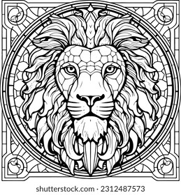 Stained glass window of a head lion line art vector. black and white