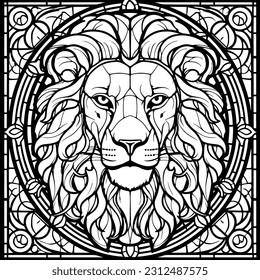 Stained glass window of a head lion line art vector. black and white