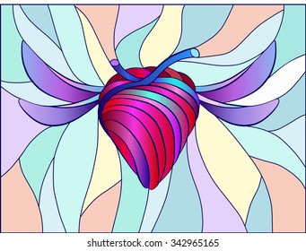 Stained glass window. Heart with wings.