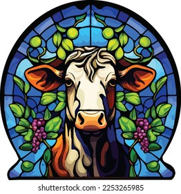 Stained glass window of a Hereford cow