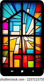 Stained glass window of house outline, home screen