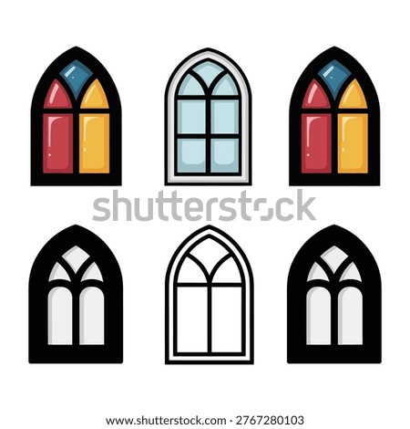 Stained glass window icons, gothic arch frames, church renovation poster, heritage architecture tour, wedding chapel decor, vector illustration design elements