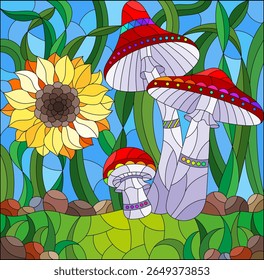 Stained glass window illustration with mushrooms and a flower on a meadow and sky background