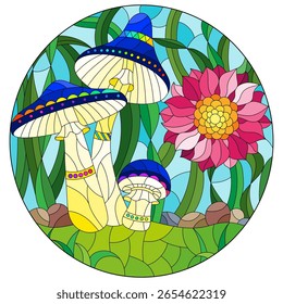 Stained glass window illustration with mushrooms and a flower on a meadow and sky background