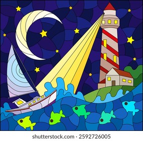 Stained glass window illustration with seascape, sailboat and lighthouse on the background of the night sky