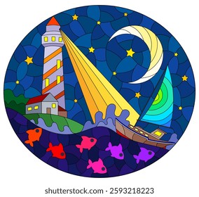 Stained glass window illustration with seascape, sailboat and lighthouse on the background of the night sky