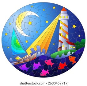 Stained glass window illustration with seascape, sailboat and lighthouse on the background of the night sky