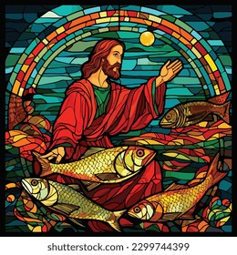 Stained glass window of Jesus with a school of fish, fisherman