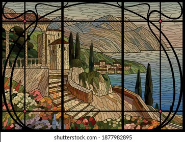 Stained Glass Window Mediterranean Landscape. Painting The Italian Coast. Black Lattice Frame In Art Nouveau Style