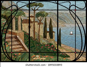 Stained glass window Mediterranean landscape. Painting the Italian coast