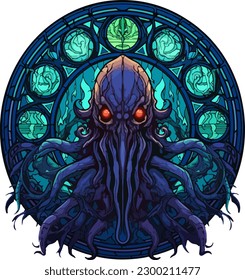 Stained glass window of an octopus, squid deity