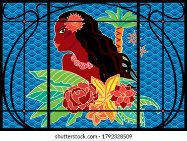 Stained glass window on the theme of Thailand and Oceania. Beautiful girl and flowers on the background of the decorative sea
