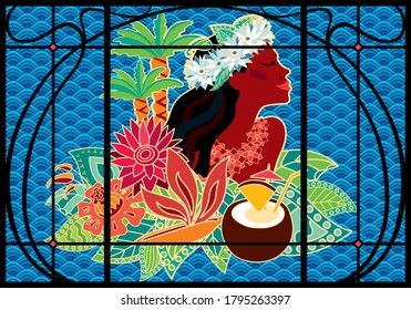 Ventanilla acristalada sobre el tema de Tailandia y Oceanía. Chica y vegetación tropical al fondo del mar decorativo