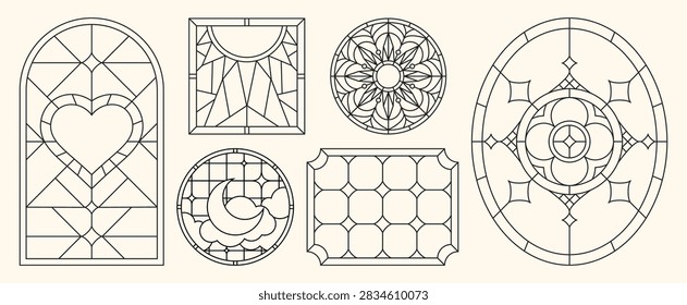 Stained glass window patterns set for gothic style cathedral design. Vector illustration of arched and round church frame with geometric pattern and rose motif, medieval religious architecture element