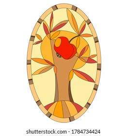 stained glass window with a picture of decorative apple fruit tree
