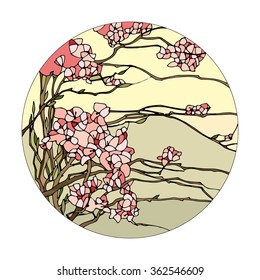 Stained glass window with pink sakura blossoms