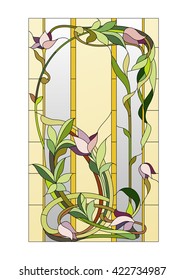 Stained glass window with purple floral pattern