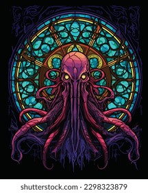 Stained glass window of a purple squid deity