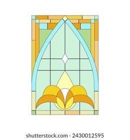 Stained glass window of rectangular shape with arch and colorful mosaic pattern inside frame vector illustration