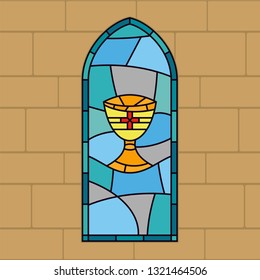 Stained glass window with religious theme. Vector