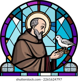 Stained glass window of Saint David feeding a dove in his hand