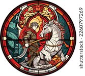 Stained glass window of Saint George and a dragon