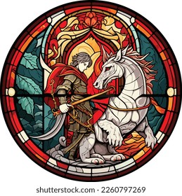 Stained glass window of Saint George and a dragon